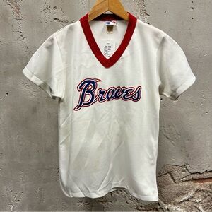 Vintage 1980s Atlanta Braves White Red Trim Youth Boys Jersey T-Shirt Baseball